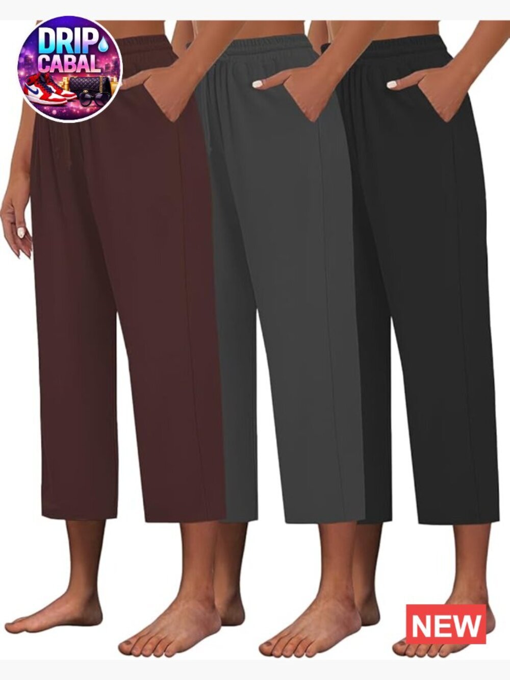 3 Pack Wide Leg Capri Yoga Pants with Pockets Drawstring Waist
